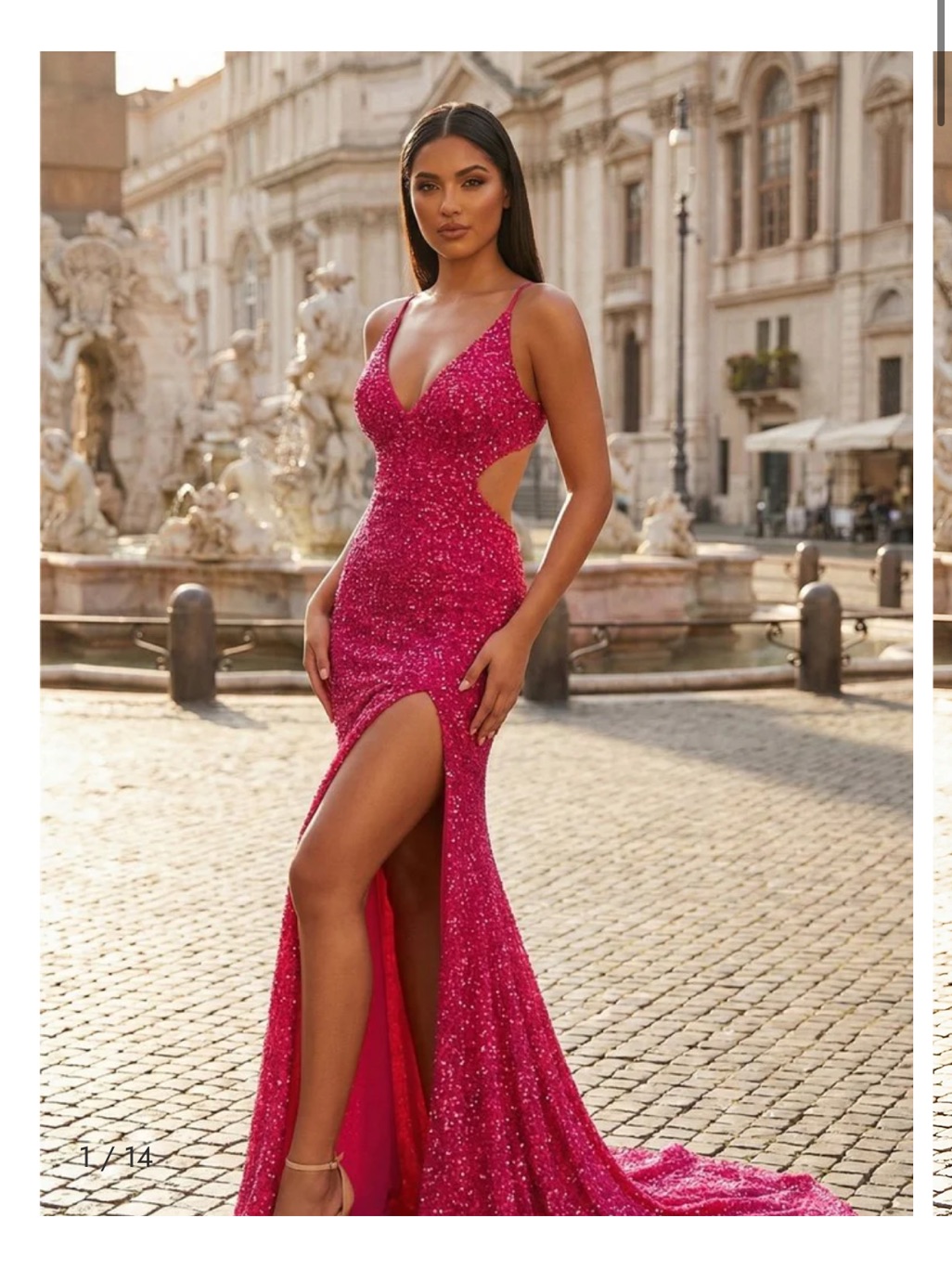 Fuchsia Sequin Cutout Prom Gown With Side Slit